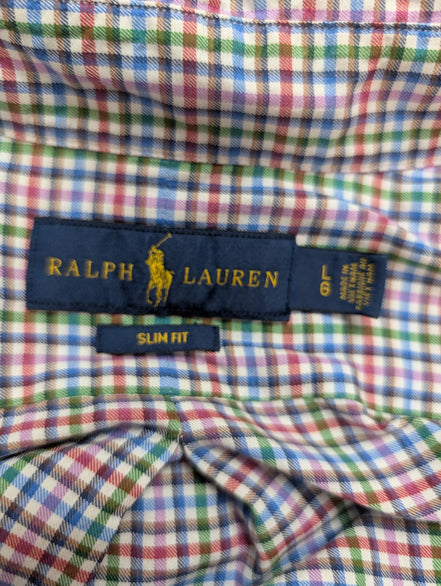 CHEMISE Ralph Lauren Homme L SLIM FIT Multicolore Carreaux Logo Bleu 100% Coton