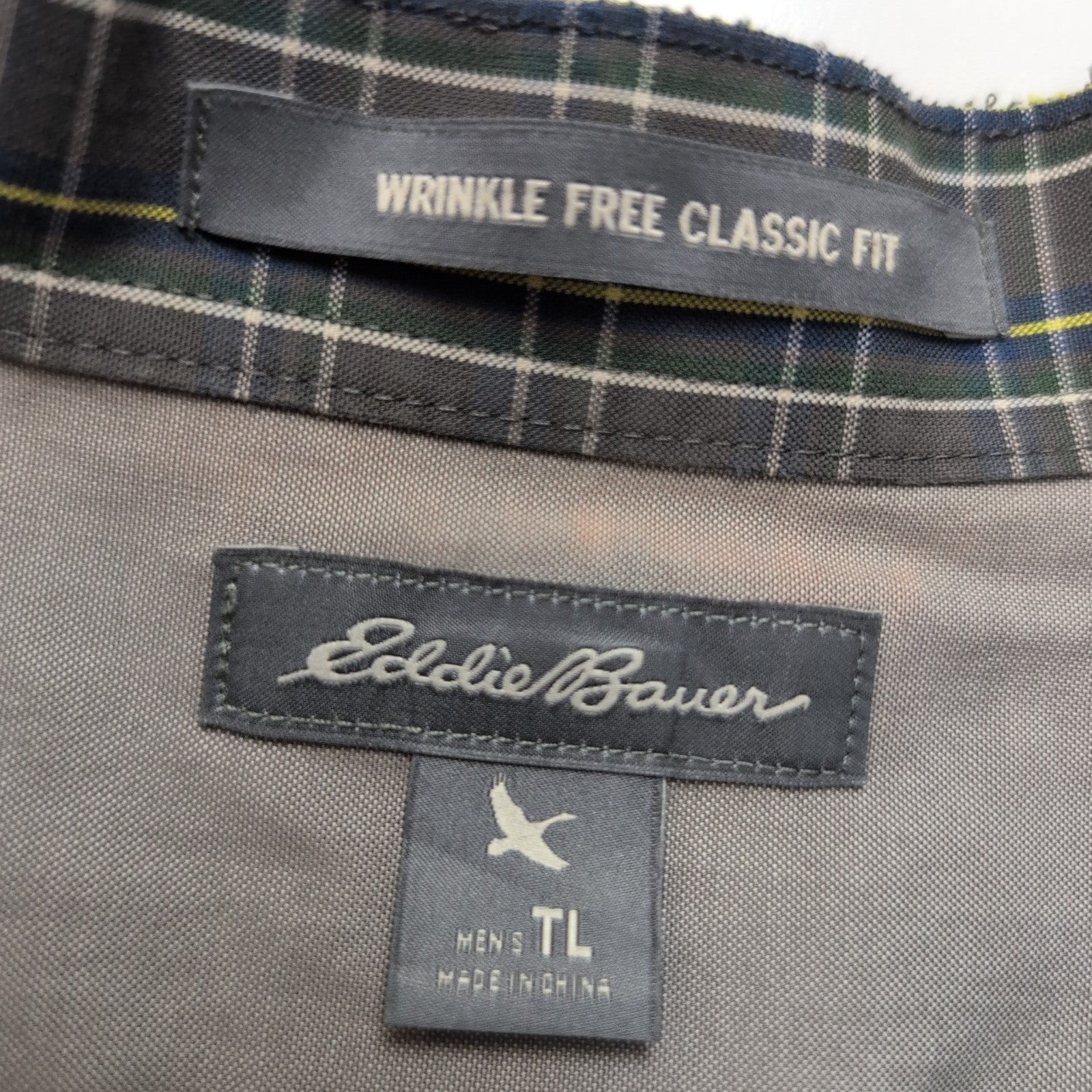 Chemise Eddie Bauer L Col Mao Gris foncé Carreaux Manches courtes Classic Fit