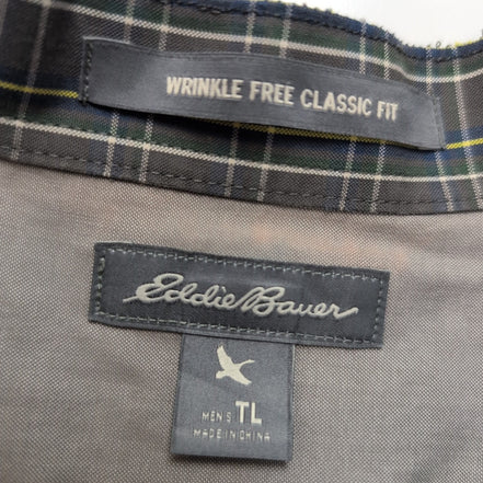 Chemise Eddie Bauer L Col Mao Gris foncé Carreaux Manches courtes Classic Fit