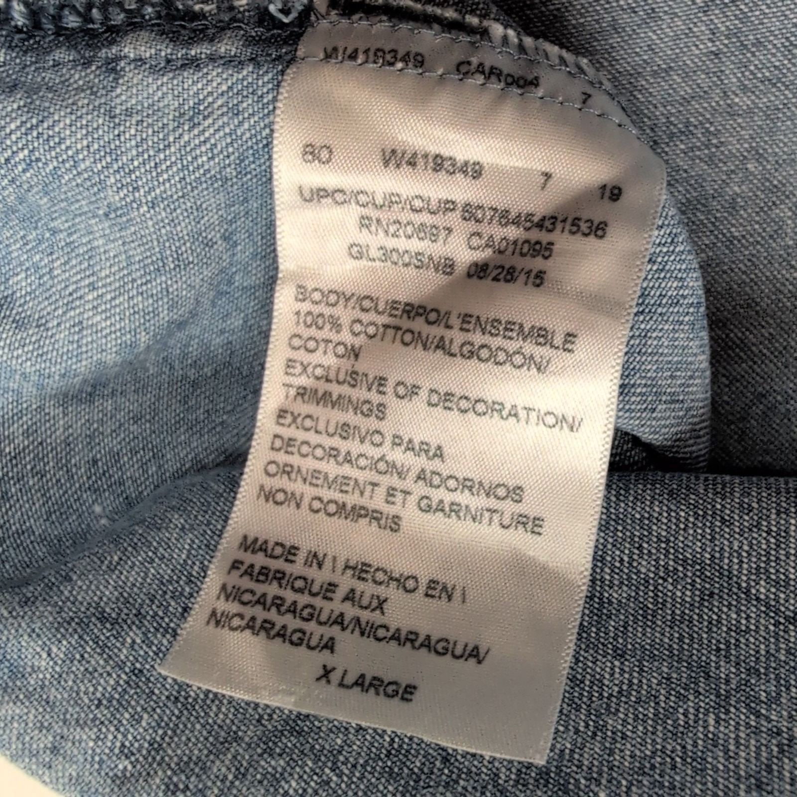 Chemise Dickies XL Jean Bleu 100% Coton Made in Nicaragua manches longues