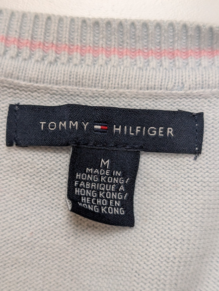 Pull Femme Tommy Hilfiger Col V Bleu Ciel & Blanc - Losanges - Taille M