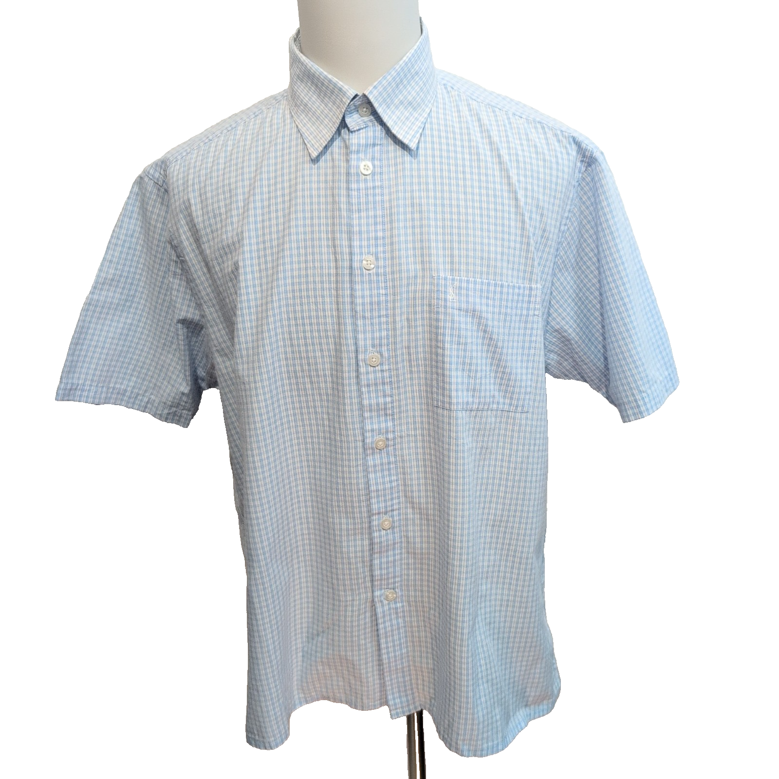 Chemise YVES SAINT LAURENT Bleu Carreaux XL Logo Brodé Manches Courtes