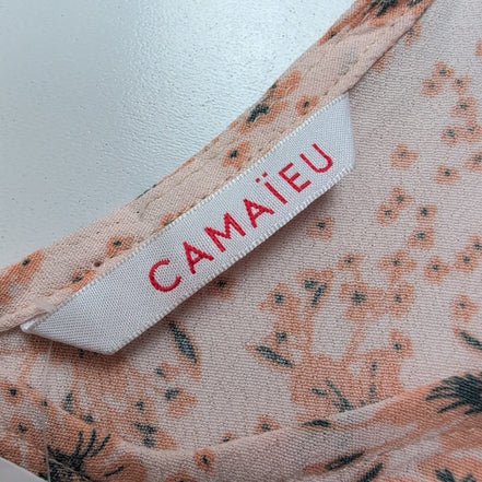 Haut Femme Camaïeu Taille S Saumon Motif Fleuri Col V Viscose Neuf