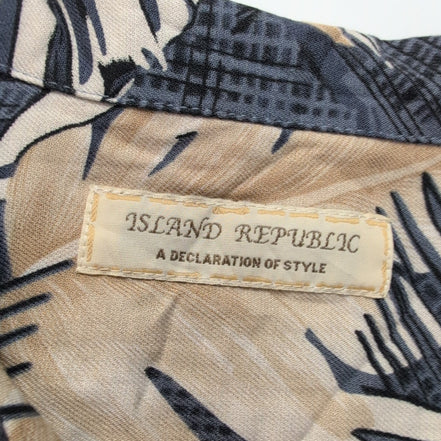 Chemise hawaïenne Island Republic L bleu beige feuillage 55% soie 45% rayonne