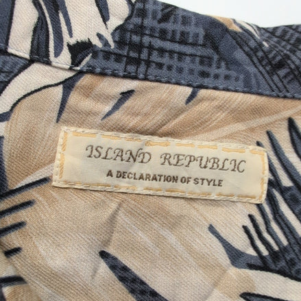 Chemise hawaïenne Island Republic L bleu beige feuillage 55% soie 45% rayonne