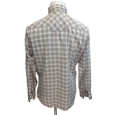 Chemise Western Round Made in USA M Marron Carreaux Pressions Vintage