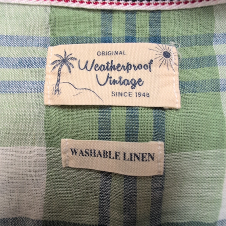 Chemise Weatherproof Vintage XL Lin Coton Vert Bleu Carreaux Manches Courtes