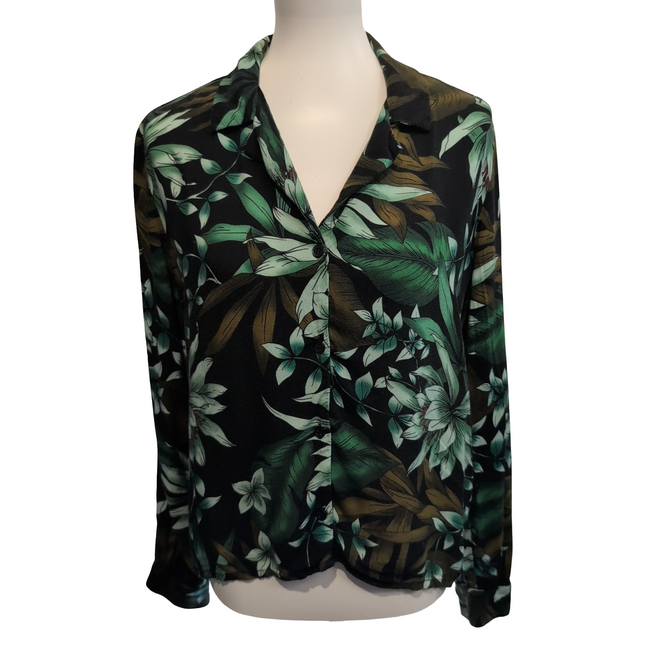 Chemise Femme TALLY WEIJL L Noire Verte Motif Feuillage 100% Viscose