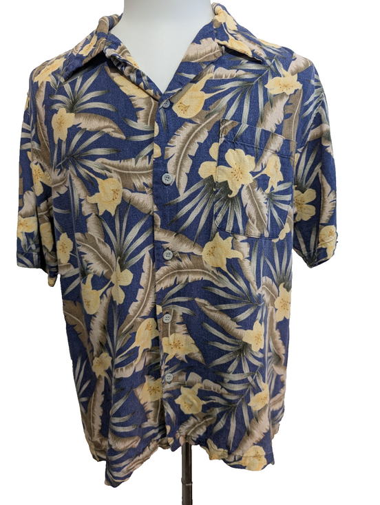 Chemise Hawaïenne Tuckahoe Joe Lin & Rayon Bleu Motif Floral Jaune - Taille L