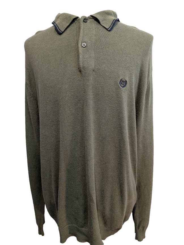 Pull Fin Chaps Vert - Col Boutonné - 100% Coton - Taille L Homme