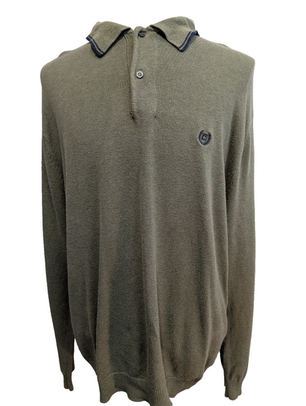 Pull Fin Chaps Vert - Col Boutonné - 100% Coton - Taille L Homme