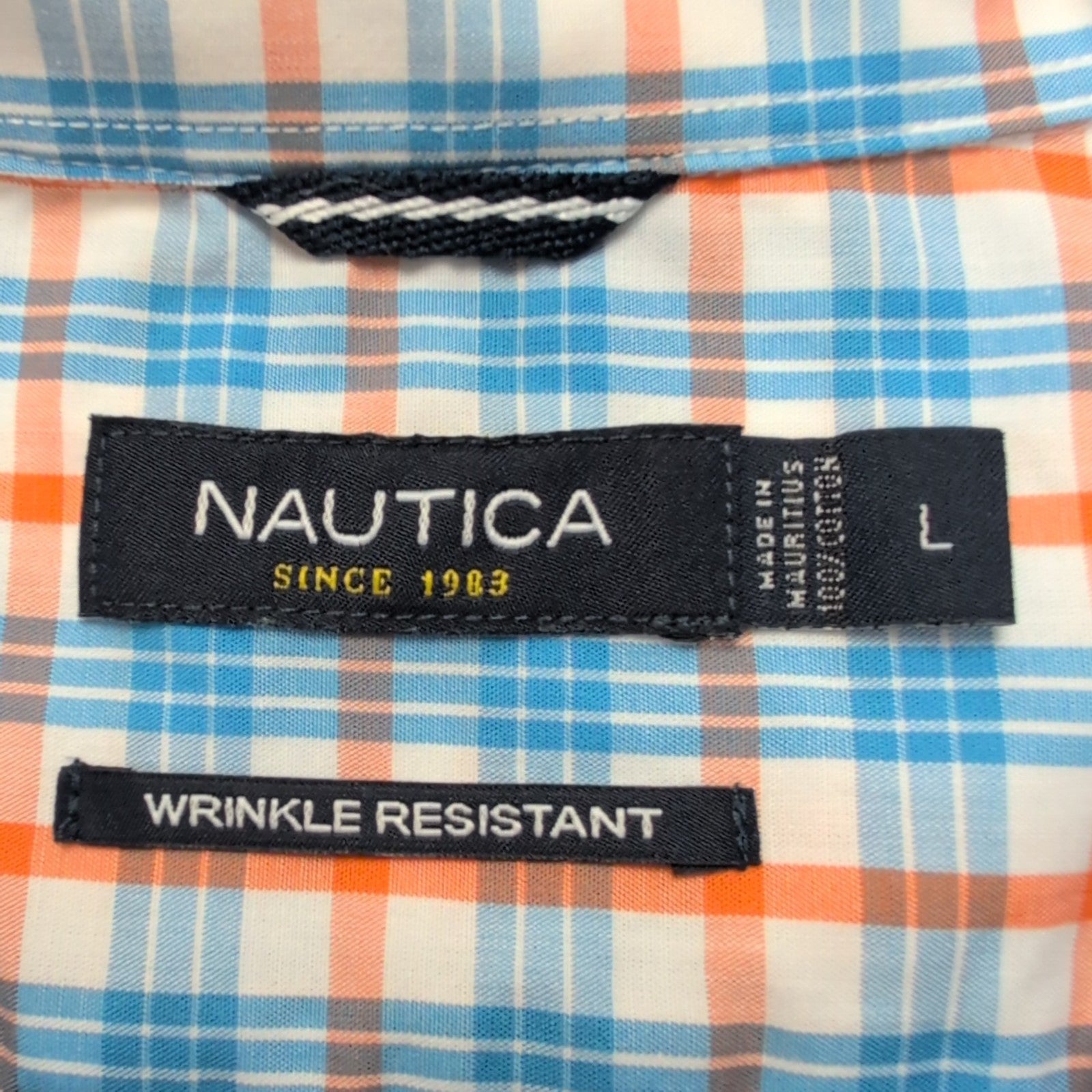 Chemise Nautica L Carreaux Bleu Orange 100% Coton Logo Brodé manches longues