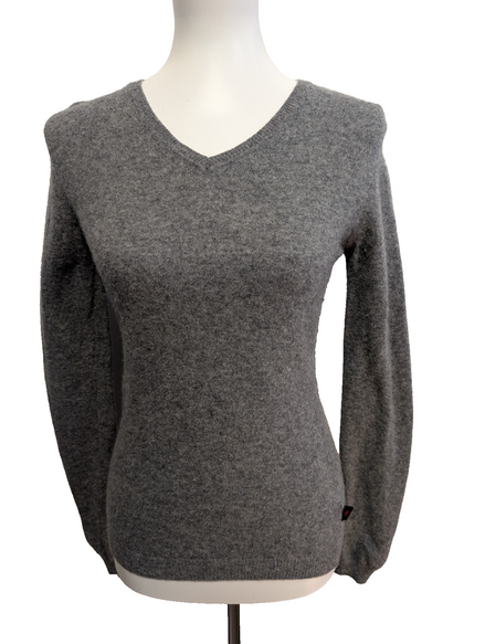 Pull Kappa Col V 100% Laine Gris Uni Vintage Femme Taille S