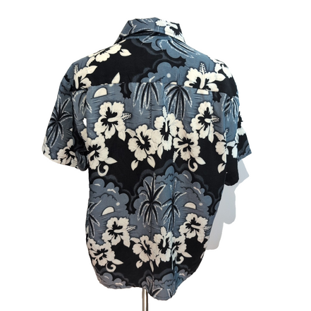 Chemise hawaïenne Kennington taille XL noir gris palmiers fleurs Manches courtes