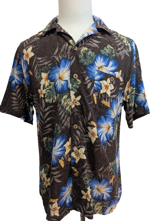 Chemise Hawaïenne Island Shores - 100% Soie Lavable - Marron Floral - Taille M