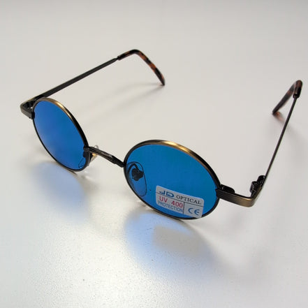 JD Optical Lunettes de Soleil Rondes Hippie Branche Fine Bronze Verres Bleus