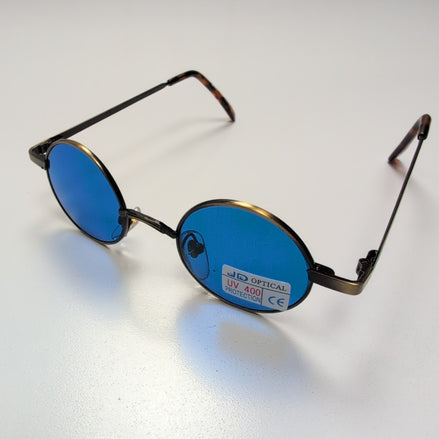 JD Optical Lunettes de Soleil Rondes Hippie Branche Fine Bronze Verres Bleus