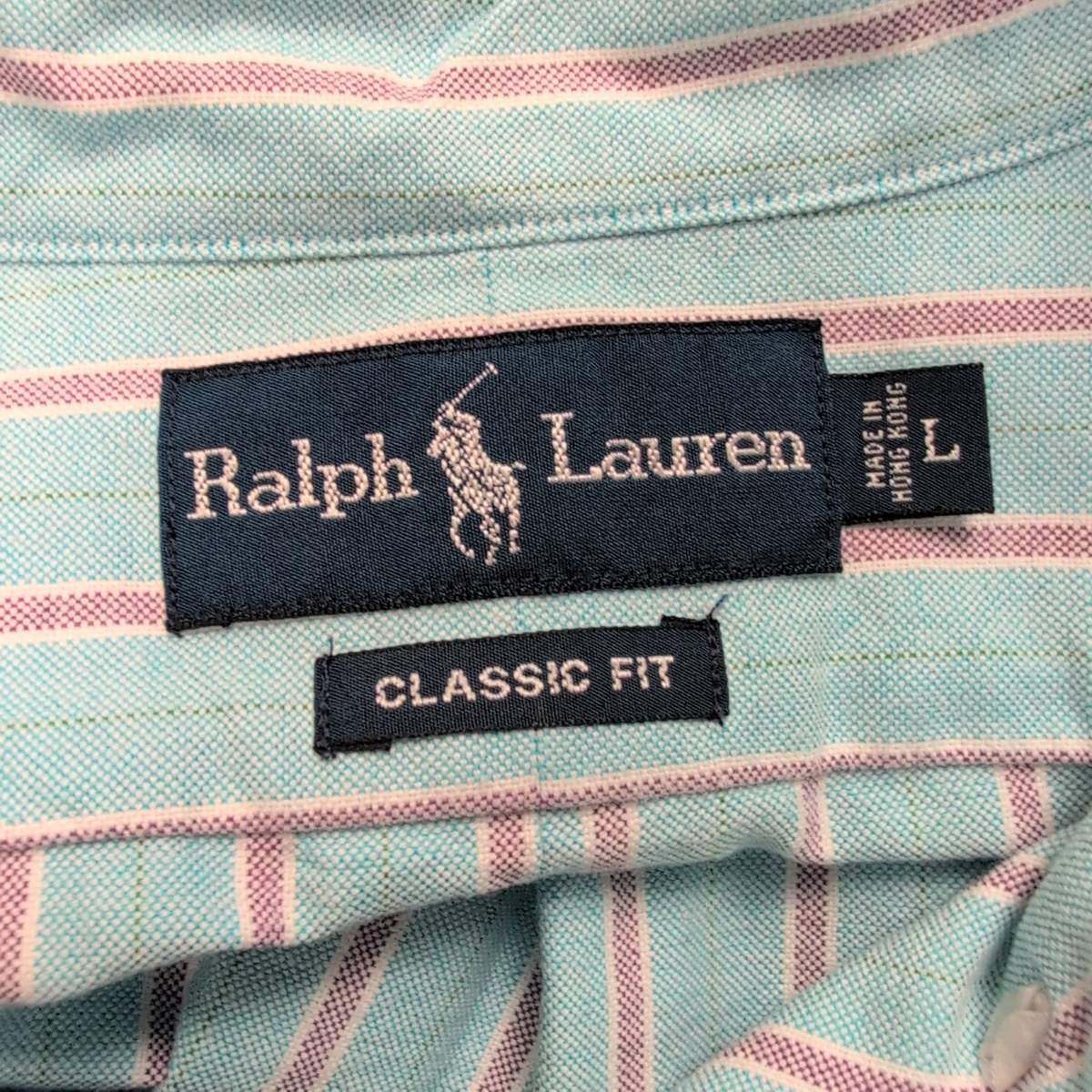 Chemise Ralph Lauren à rayures turquoise logo marron classic fit taille L / XL