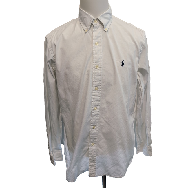 Chemise Ralph Lauren L blanc uni 100% coton logo bleu marine excellent état