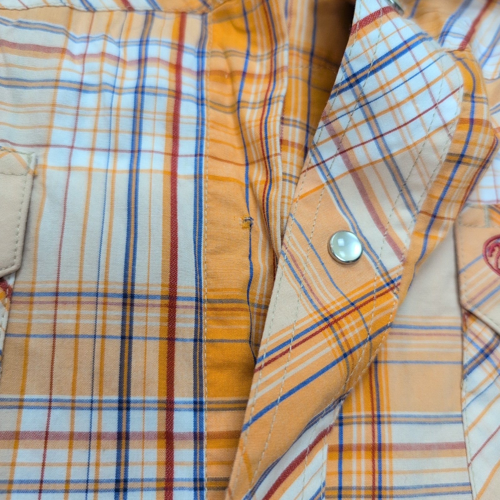 Chemise Wrangler Western M Sans Manches Orange Carreaux Pressions Cowboy