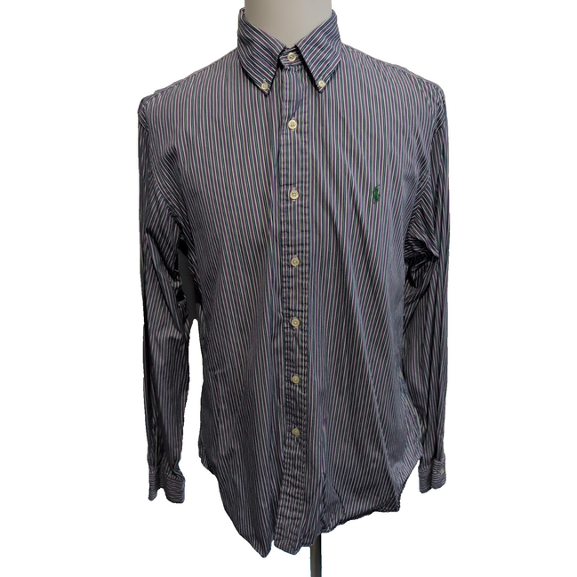 Chemise Polo Ralph Lauren Shirt XL Custom Fit Violet Rayée Logo Vert Button Down
