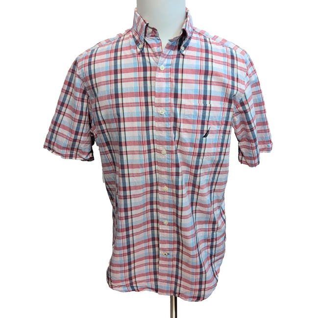 Chemise Nautica M Rouge Bleu Carreaux Manches longues Coton Logo Brodé Poche