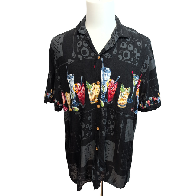 Chemise Hawaïenne Made in Hawaii Paradise Found Rayonne Noir Cocktail L