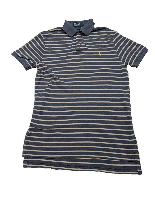 Polo manches courtes Polo Ralph Lauren M bleu rayures écrues logo jaune Custom 