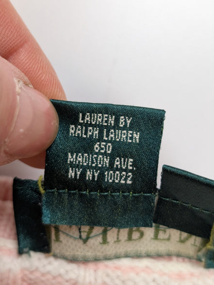 Pull Ralph Lauren (Lauren) Femme L Col Rond Rose Blanc Torsadé 100% Coton 🏷️