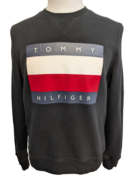 Sweat Tommy Hilfiger vintage noir grand logo sérigraphié homme taille S