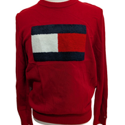 Pull TOMMY HILFIGER Bleu Marine Logo Géant Relief Taille M Coton Homme