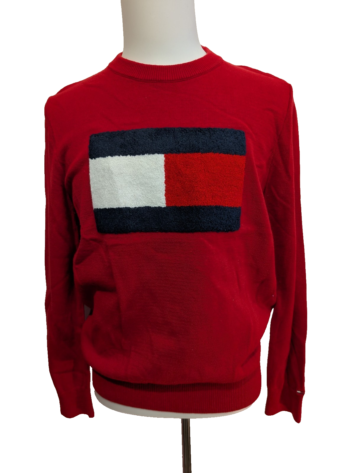Pull TOMMY HILFIGER Bleu Marine Logo Géant Relief Taille M Coton Homme