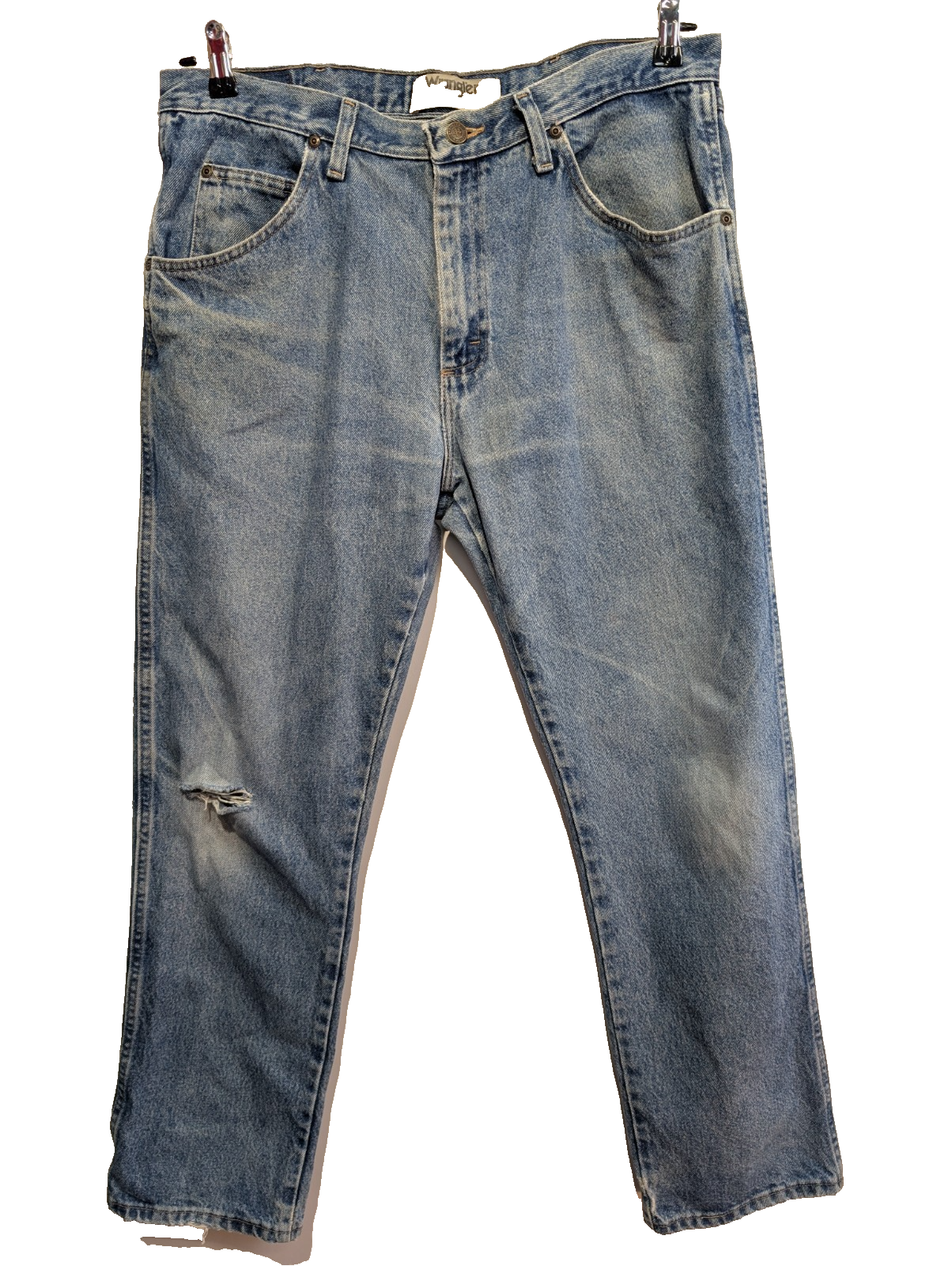 Jean Wrangler Homme Vintage Bleu Style Grunge Distressed Genou Troué W36 L31