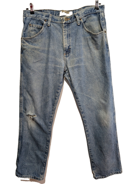 Jean Wrangler Homme Vintage Bleu Style Grunge Distressed Genou Troué W36 L31