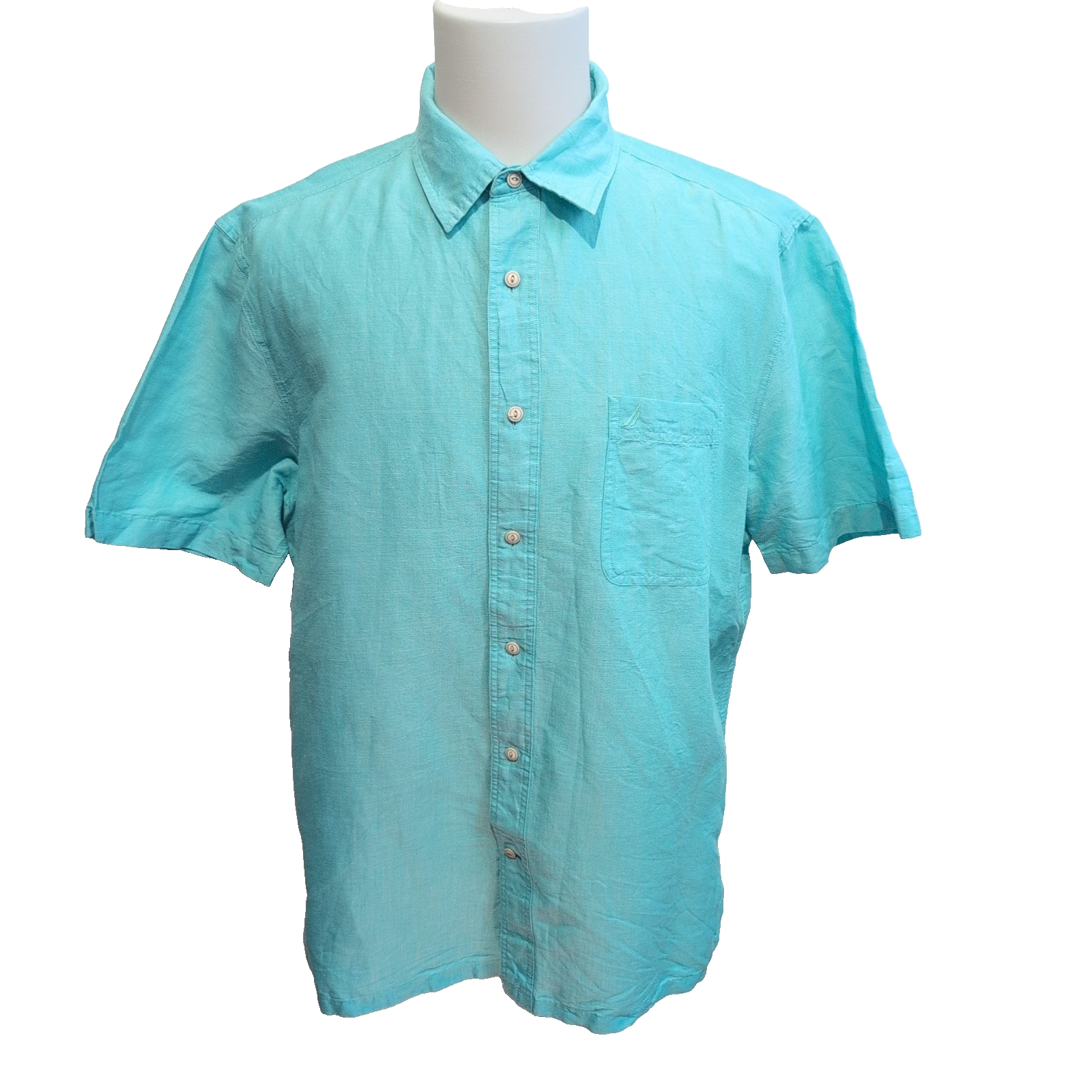 Chemise Nautica XXL/3XL Bleu Turquoise Uni Ramie (lin) Coton Manches Courtes