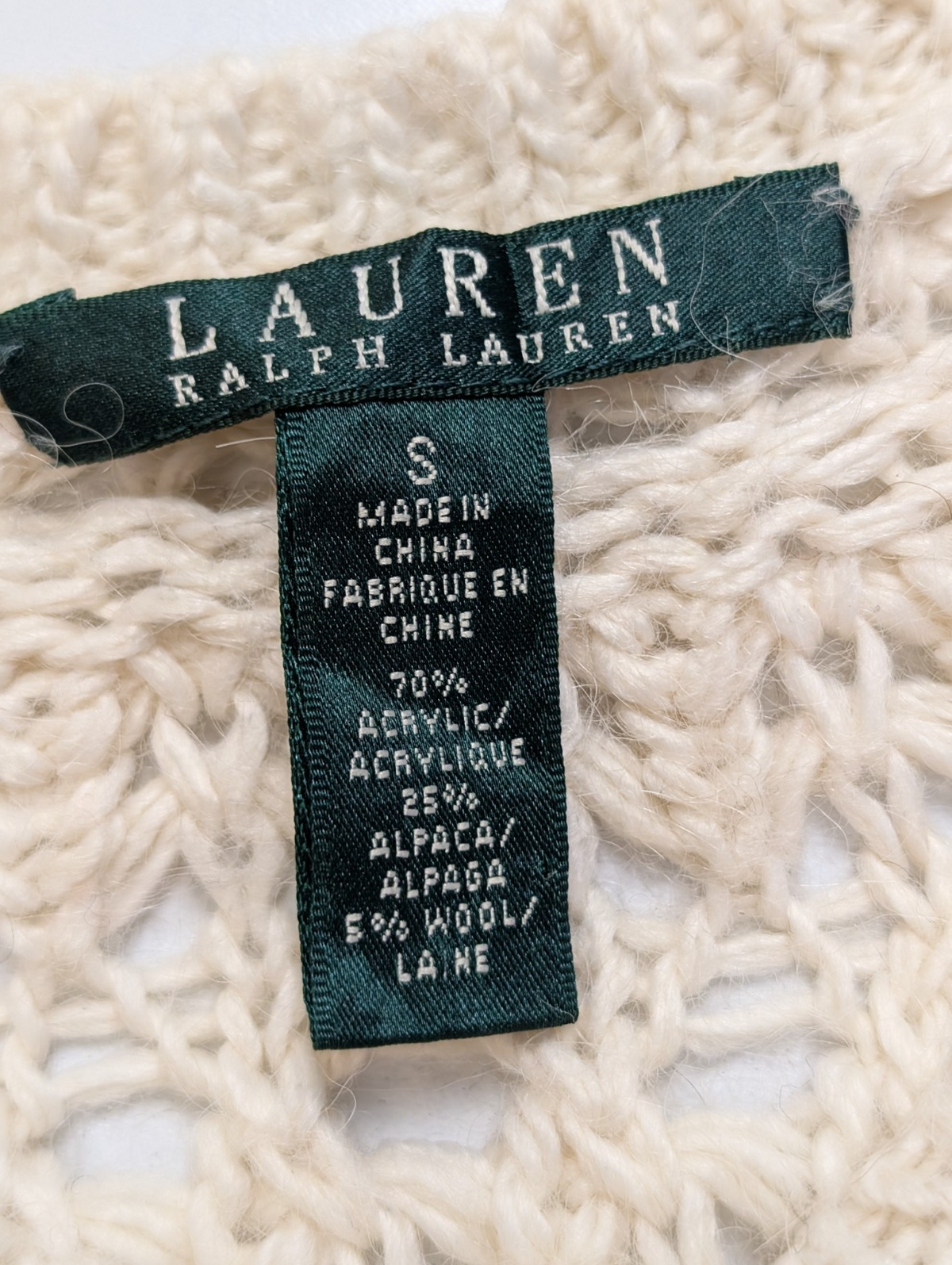 Pull Lauren Ralph Lauren femme S crème alpaga maille ajourée col rond