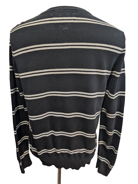 Pull Tommy Hilfiger Homme Col V Noir Rayé Gris Logo Brodé - Taille M