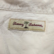 Chemise Hawaïenne Tommy Bahama XL 100% Soie Blanche Palmiers Boutons Bois