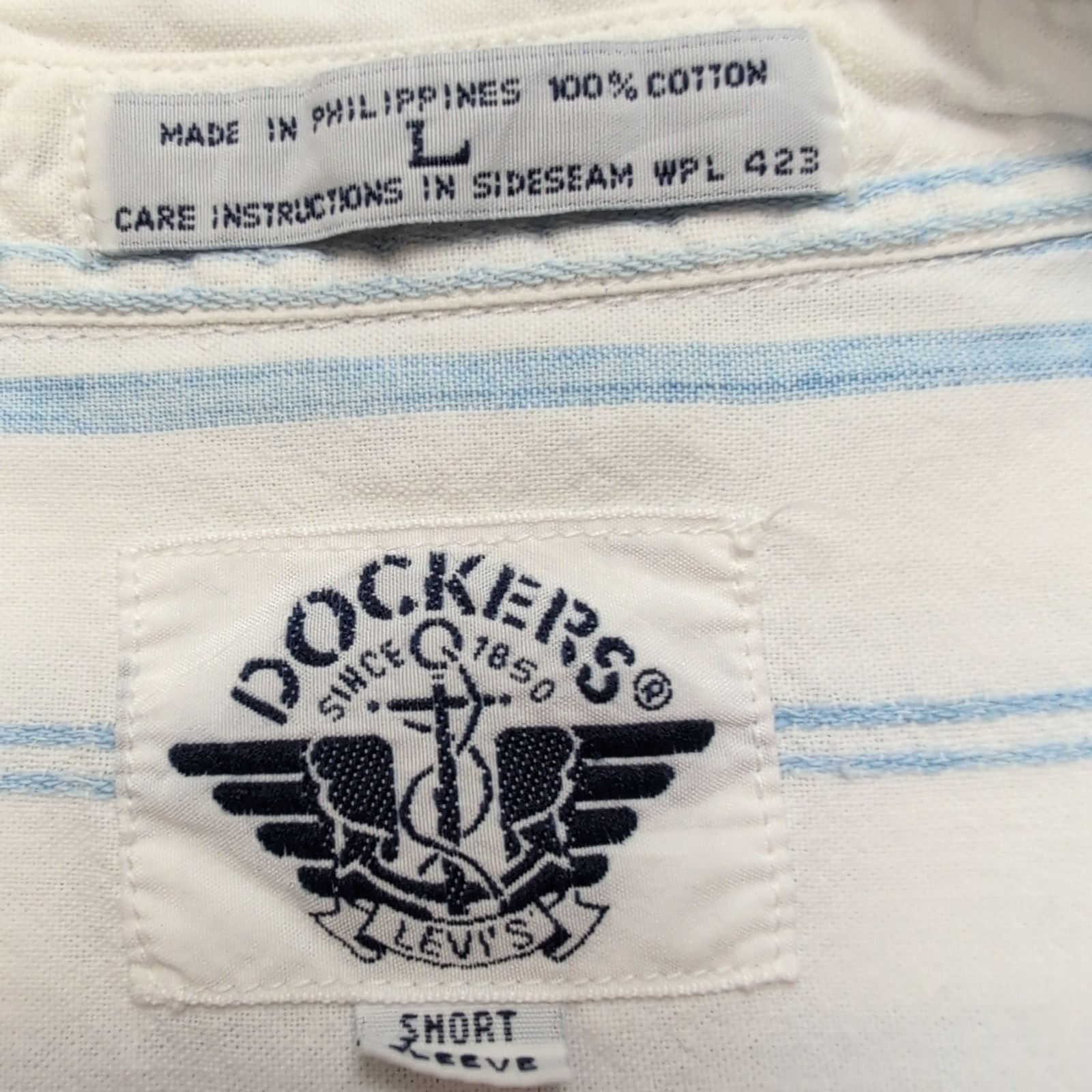 Chemise Dockers Blanche Rayures Manches Courtes Coton 2 Poches Taille L