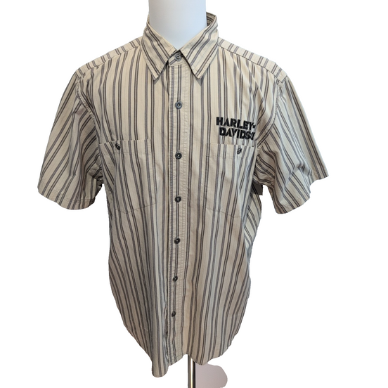 Chemise Harley Davidson XL Beige Rayures Brodée Dos Moto USA