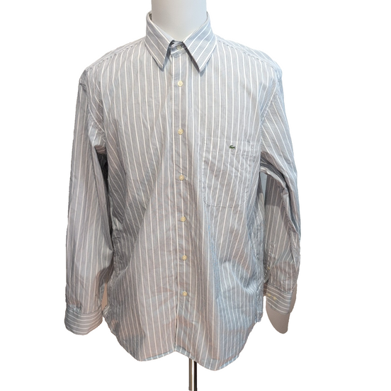 Chemise Lacoste XXL Blanche Rayures Grises Made in Hong Kong 100% Coton