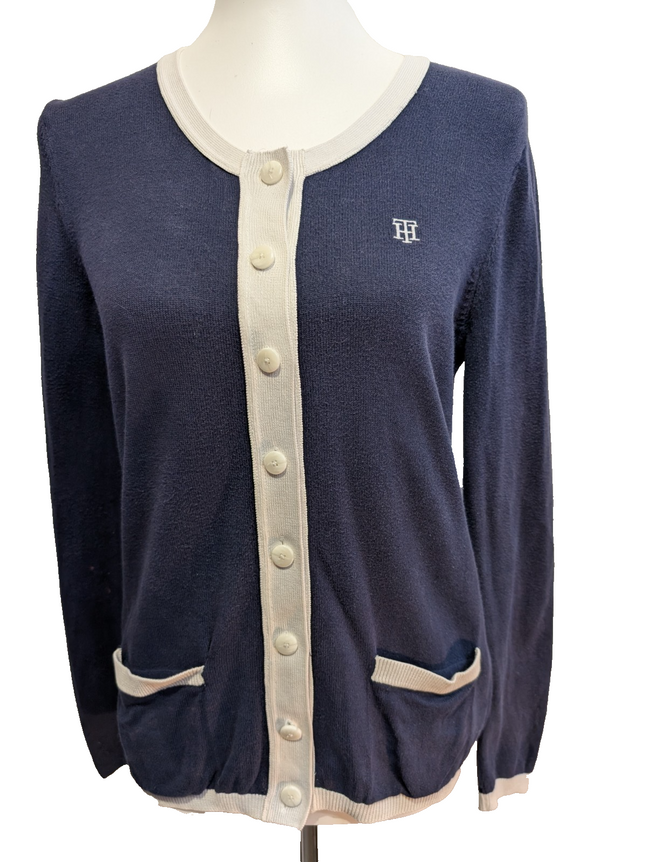 Gilet Boutonné Tommy Hilfiger Bleu Marine & Blanc Logo Brodé - Taille M