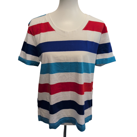 Haut Esprit Femme L Blanc Rayures Bleu Rouge 100% Coton Neuf Étiquette