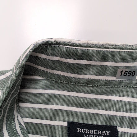 Chemise BURBERRY M Verte Rayures Blanches Oxford Logo Brodé Manches Longues