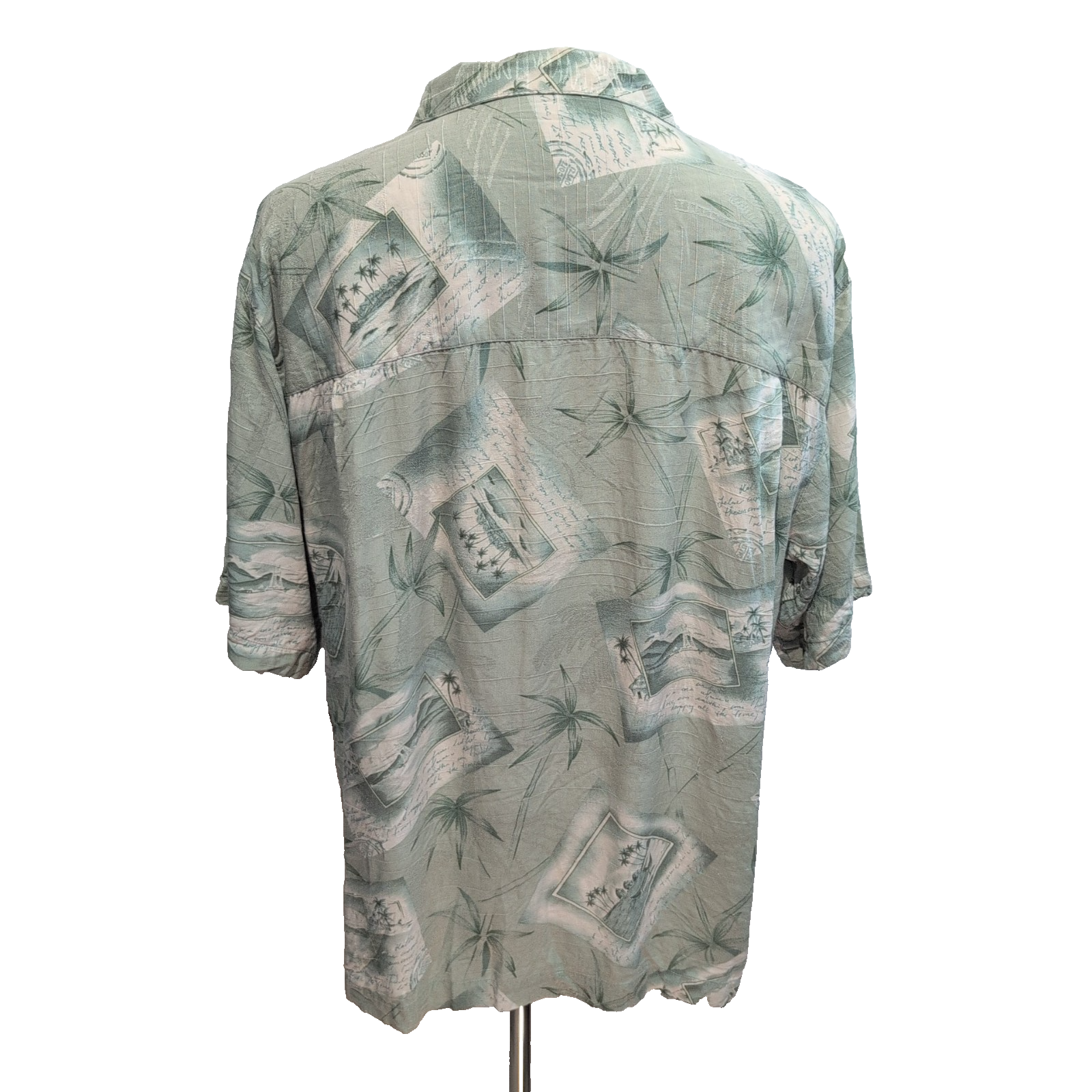 Chemise hawaïenne Bermuda Bay taille XL vert pâle palmiers 100% soie Mch courtes