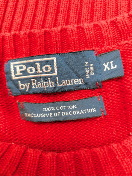 Pull POLO RALPH LAUREN Homme XL Rouge Col Rond Maille Chaude Logo Marine