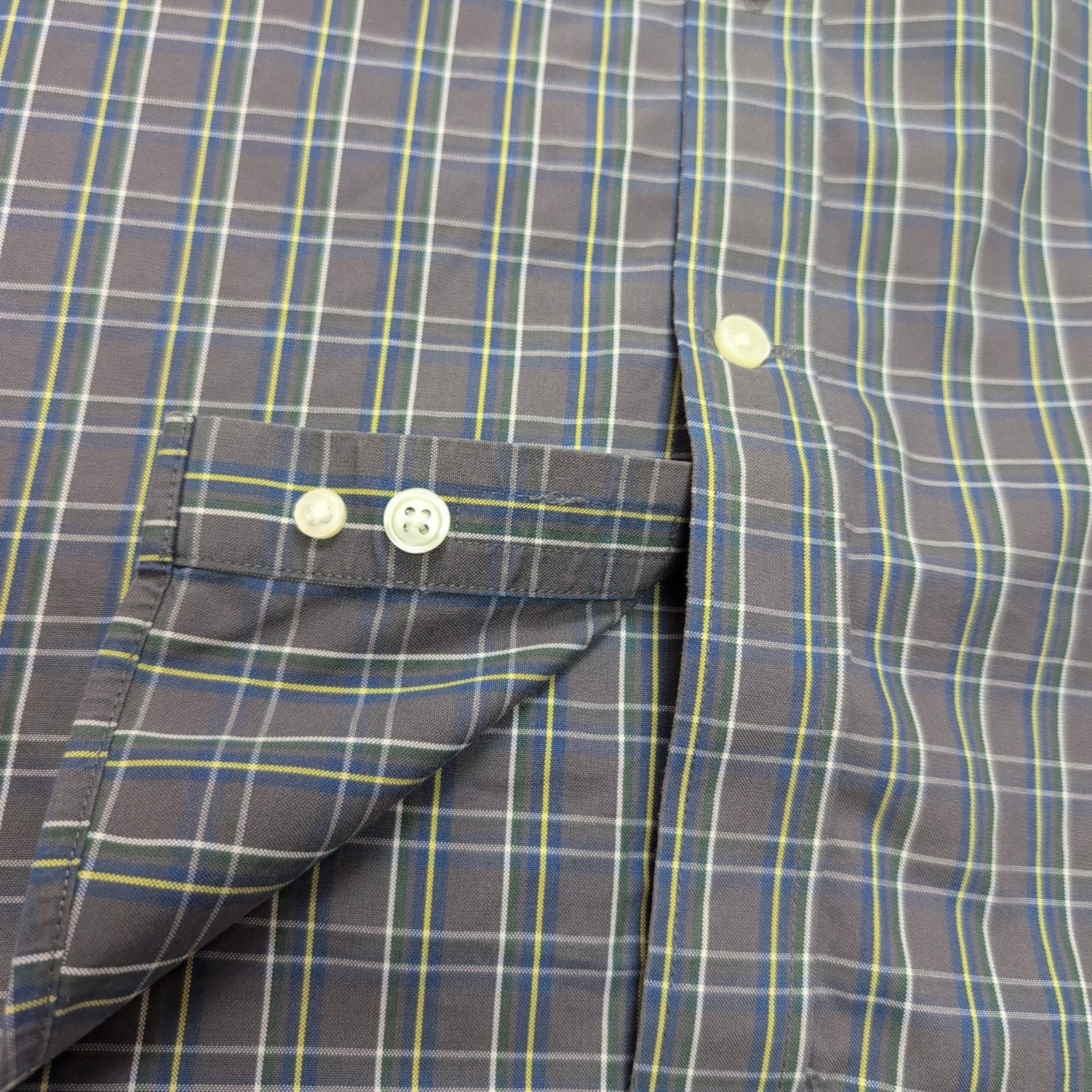 Chemise Eddie Bauer L Col Mao Gris foncé Carreaux Manches courtes Classic Fit