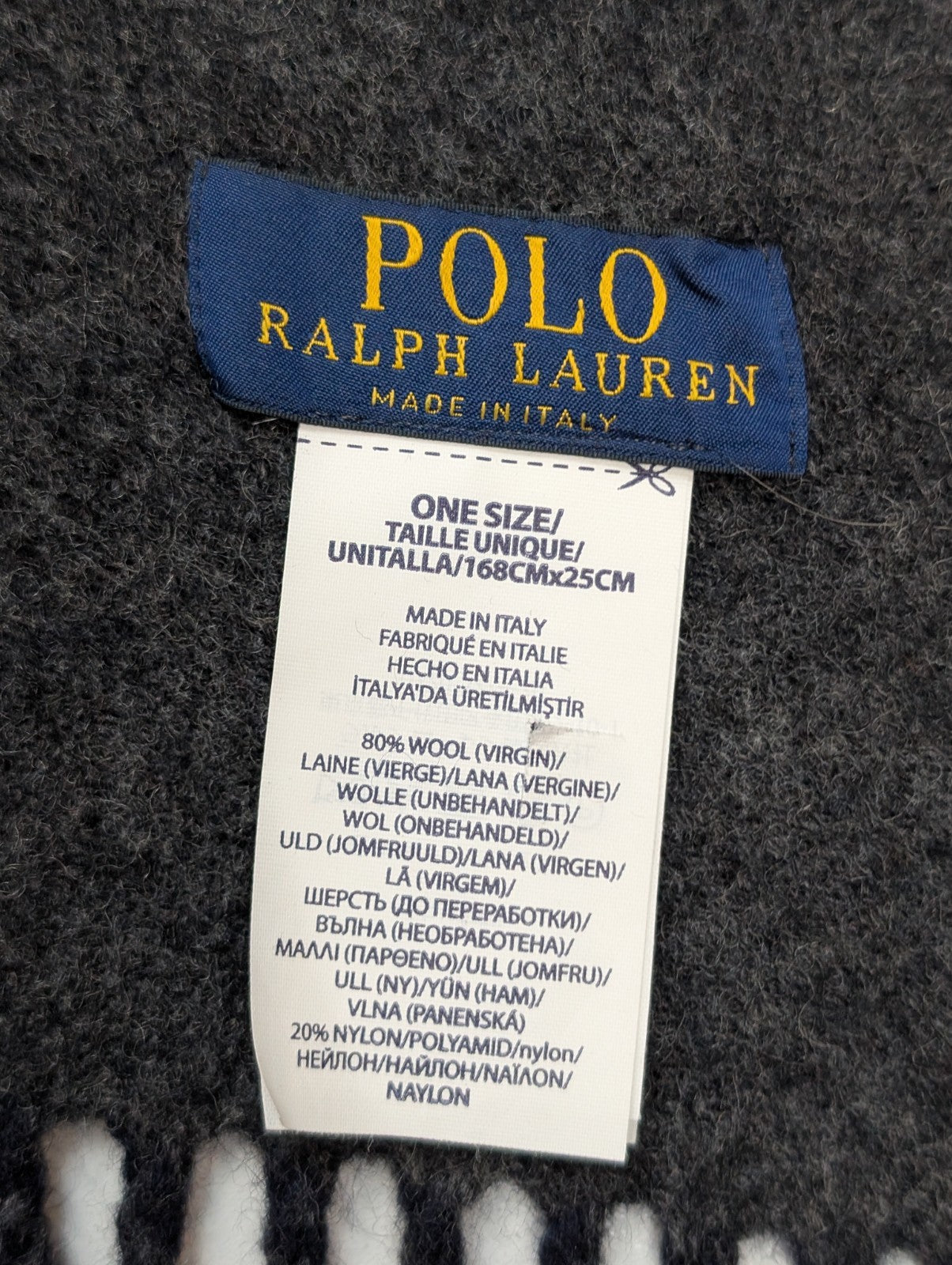 Écharpe Polo Ralph Lauren Réversible Logo Géant Laine Vierge Marine Gris Italy