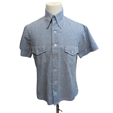 Chemise Vintage Années 70 S Bleu Chiné Col Pointes Manches Courtes