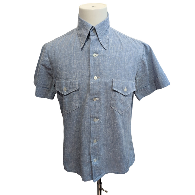 Chemise Vintage Années 70 S Bleu Chiné Col Pointes Manches Courtes